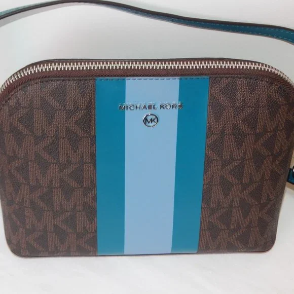 NWT MICHAEL KORS MK MONOGRAM Center Stripe CINDY LG Dome CHAIN XBODY BAG Cyan